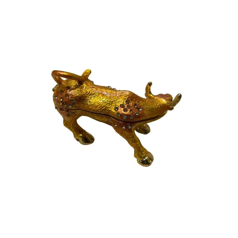 Bull Trinket Box Gold Rhinestone Enamel Hinged Jewelry Case - Picture 2 of 8